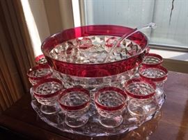 Indiana Glass Whitehall Ruby Flash Diamond Point Punch Bowl Set