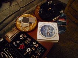 Costume Jewelry, Glass Plate and Bowl,  Porcelain Souvenir Plate, Evening Purses.