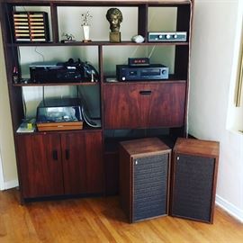 mid century modern entertainment center, vintage audio, record player, tube amp, vintage speakers