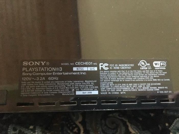Sony PlayStation 3 120v 3.2A 60 Hz Model CECHE01