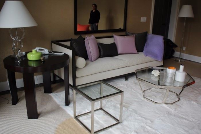 Beautiful Gray Sofa with Black Frame, Round Side Table, Metal & Glass Cube and Octagonal Coffee Table