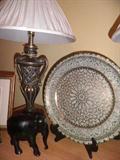 brass tray, onyx elephant, metal lamps