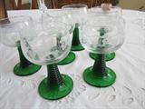 French etched green stem wine goblets