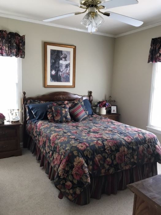 Wood headboard bed, quilt, bed skirt with matching window valance