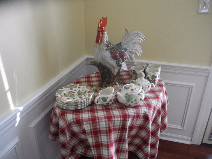Round table, tall ceramic rooster, Mikasa Strawberry dessert set