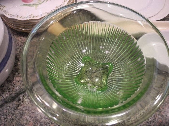 Green depression glass bowl