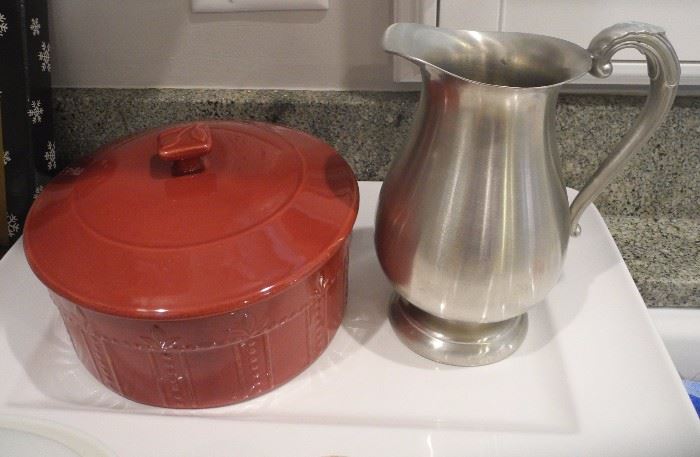 Pewter pitcher, covered casserole