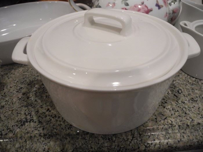 Heavy white lidded casserole