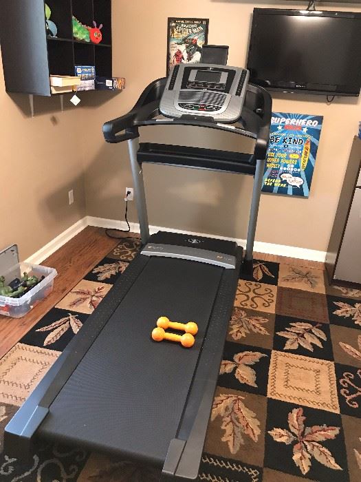 Like new NordicTrack C990 treadmill (can still be purchased online-check out the reviews on this model).  Also shown is large area rug in tans, browns and black colors.