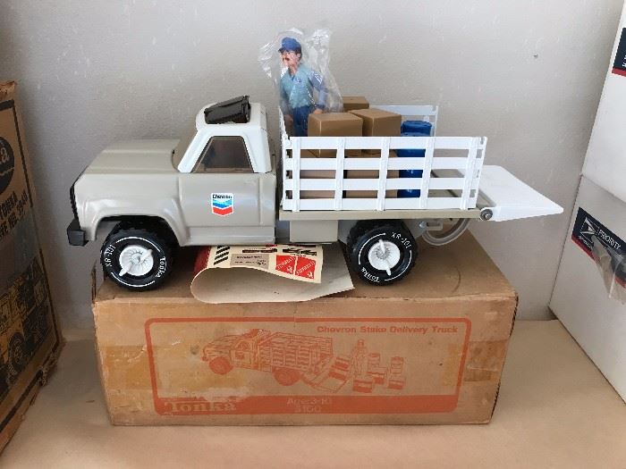 Vintage Tonka Chevron Delivery Truck with original box, accessories and stickers! Model # 3100.  Also, have the Chevron Tanker Truck Model # 3166 in original box that has never been opened!