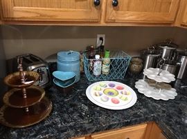 Lots of unique serving items, canisters and cookie jar.