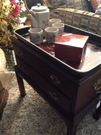 Small side table, tray, and tea set