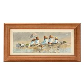 Robert Fabe Original Oil Painting on Canvas Board: An original oil painting on canvas board by well-listed Cincinnati-based genre artist Robert Fabe (1917 – 2004). The painting depicts a line of women wearing flowing white garments sitting at the top of a grassy hill overlooking a row of squat houses. Their hair blows softly in the wind, mimicking the grasses surrounding them. The painting is completed in Fabe’s signature melancholy color palette, with a few accent of bright yellow, green, and orange paint across. The painting is signed in ink to the lower right. It is presented in a wooden frame with white linen lining and a hanging wire attached to the verso.