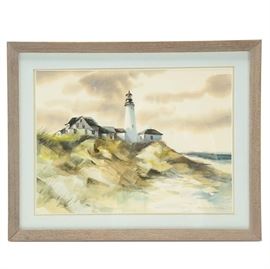 Robert Fabe Signed Original Watercolor Coastal Painting: An original watercolor painting on wove paper by well-listed Cincinnati-based genre artist Robert Fabe (1917 – 2004). The painting depicts a lighthouse standing at the top of a rocky coastal hill dotted with waving grasses. Deep teal water fades into the right margin. The painting is completed in Fabe’s signature melancholy color palette, featuring muted blues, grays, and greens. The painting is signed in ink to the lower right. It is double-matted in beige and white and is presented behind glass in a gray tone wooden frame with a hanging wire attached to the verso, along with a biography of the artist.