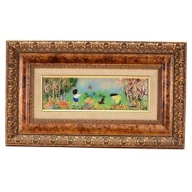 Louis Cardin Original Enamel Painting on Copper: An original enamel on copper painting by reputed French artist Louis Cardin (born 1931). Cardin creates bright scenes of children playing using kiln-fired enamel pigments over copper, often with a loosely splattered surface texture. This long, panoramic view depicts two children, a dog, and a red butterfly playing in a field coated in vivid wildflowers. The piece is signed to the lower right. It is presented in a wooden frame with cast surface embellishments, bronze tone finish, white linen lining, a gold tone fillet, and a hanging wire. Cardin was a student of very well-listed French Cubist Andre L’ Hote (1885 – 1962).