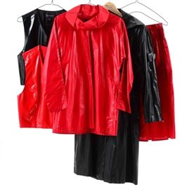 Collection of Women's Vintage Mod Fashion: A grouping of women’s vintage mod fashion. Includes a 1970s “beanbag” loose turtleneck tunic and matching gathered skirt by Geoffrey Beene, a double breasted black pleather rain jacket by Ilie Wacs, and two Karen Kane patent vinyl vests. The red vest features a full zipper with matching red acetate lining, and the black vest has a patent front with button closure and acetate back.
