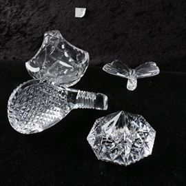 Crystal Decor: A selection of four pieces of crystal decor. The items include a basket, butterfly, golf club, and large faceted diamond. No makers marks identified.