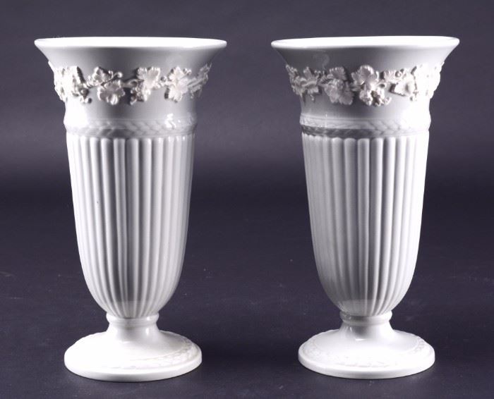 Lot 1: Pair Wedgwood Embossed Queensware Vases