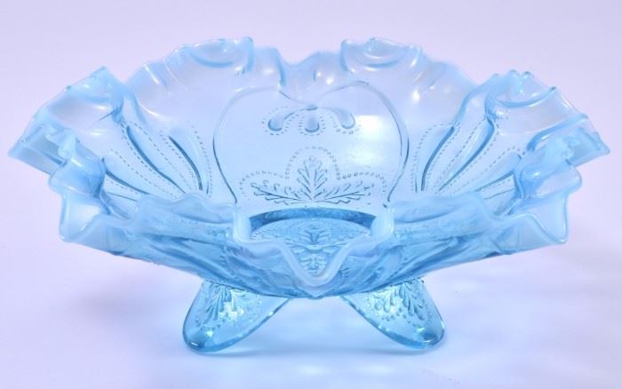 Lot 5: Blue Opalescent Ruffled Edge 3-Footed Bowl
