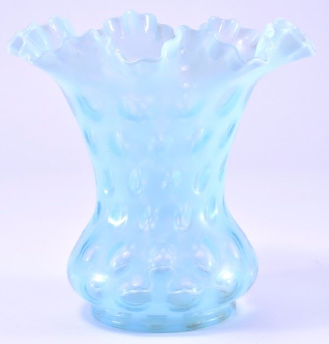 Lot 10: Blue Fluted Edge Opalescent Coin Dot Flaring Vase