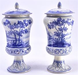 Lot 17: Pair Blue & White Handpainted Italian Art Vases