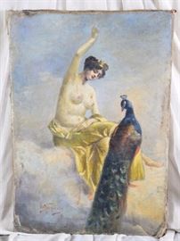 Lot 21: Nude Female w/Peacock Painting on Canvas