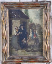 Lot 24: Vintage Painting on Board of Men, Woman & Child