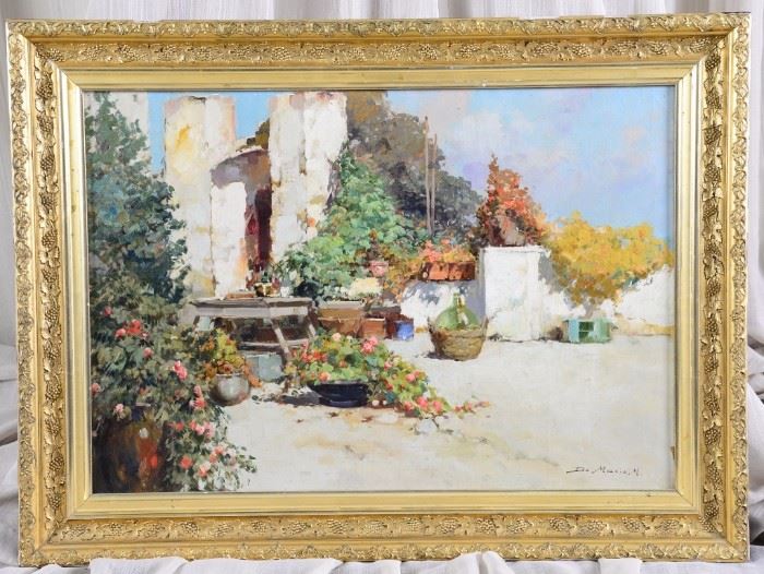 Lot 29: Signed Canvas Painting Villa Garden w/Picnic Table