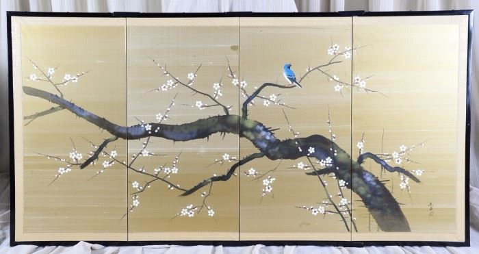 Lot 50: Signed Oriental Cherry Blossom & Blue Bird Screen