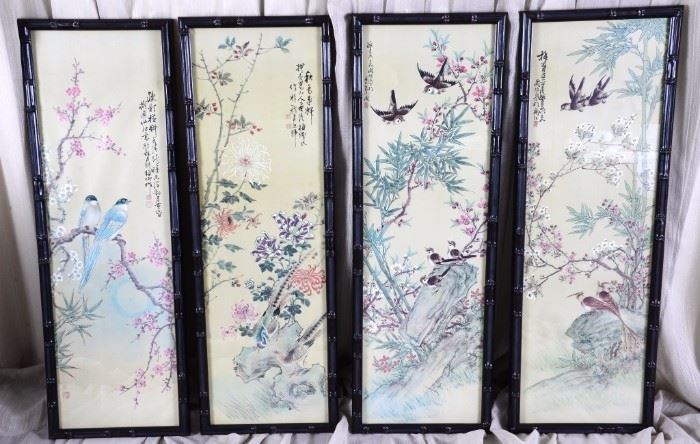 Lot 48: Oriental Panels w/Birds & Flowers in Bamboo Frames