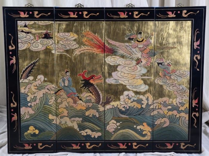 Lot 51: 4-Panel Oriental Table Screen w/Dragon & Phoenix