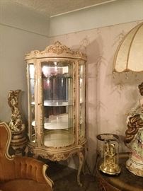 Gold Leaf Baroque Curved Glass Vintage Curio China Display Cabinet, Signed and stamped