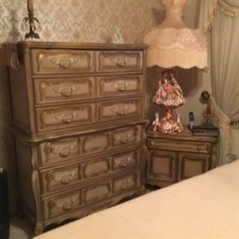 Vintage French Provincial champagne tones bedroom set - chest of drawers, dresser, queen bed, night stand.