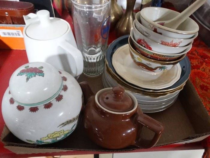 Oriental bowls, ladle, vase, plates & various kitchen ware.