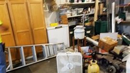 garage stuff, ladders, chest freezer, etc