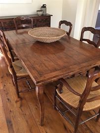 French country living Alder wood refectory draw-leaf table with set of 6 Beech wood floral carved rush  chairs 