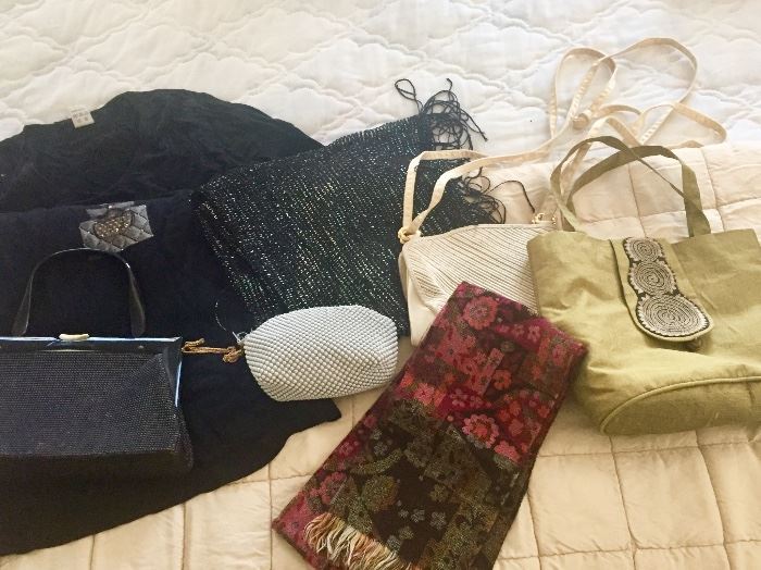 Vintage and current handbags and scarves.