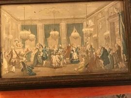 Wonderful wooden box with a court scene under glass.