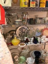 Large selection of kitchen items, including scales, old tins, glassware.  