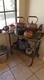 small metal cart, antique coal iron, antique copper tea kettles