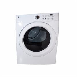 Kenmore Dryer: A Kenmore dryer. This white front loading style dryer features temperature settings, digital display and chime on/off button.