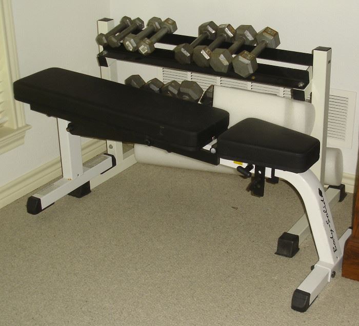 Body Solid weight bench, weights, rack