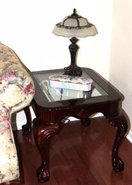 Glass top side table, trinket box, lamp