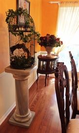 Marble pedestal, decorative bird cage, glass display side table, floral arrangement