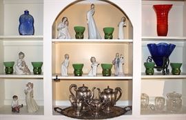 Lladro figures, glassware, sterling silver tea set