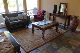 Area rug, coffee tables, entry table, love seat, recliner