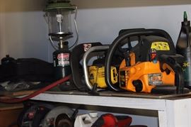 Chainsaw, tools, lantern
