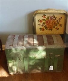 old trunk, metal tv trays