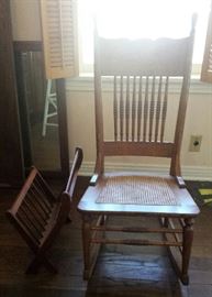 cane bottom rocker, magazine rack