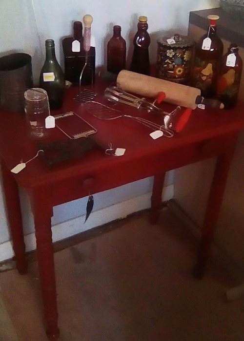 accessory red table, vintage kitchen items and bottles